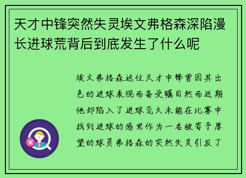 天才中锋突然失灵埃文弗格森深陷漫长进球荒背后到底发生了什么呢 天才中锋突然失灵埃文弗格森深陷漫长进球荒背后到底发生了什么呢